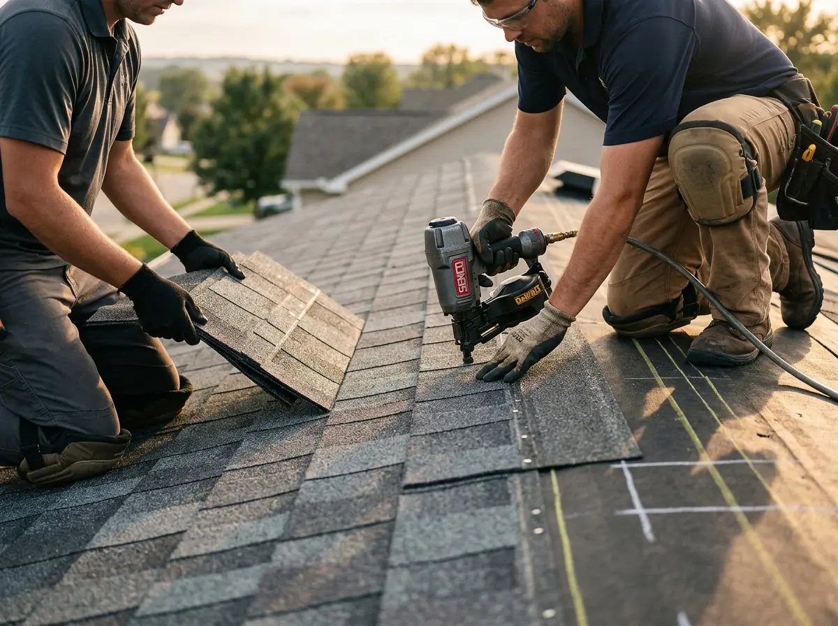 Professional roofer working on a residential roof in Salida